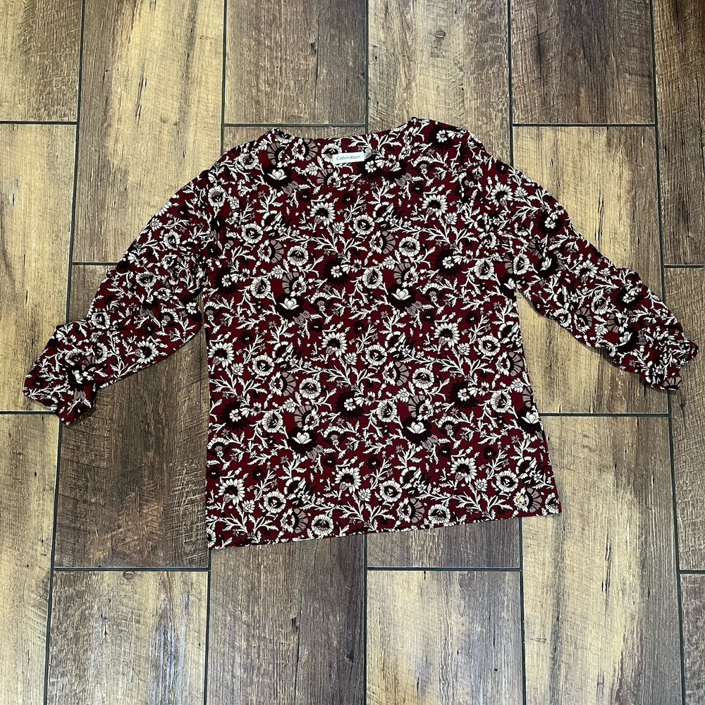 Calvin Klein Women's Blouse Top 3/4 Gathered Sleeve Floral Burgundy White Large